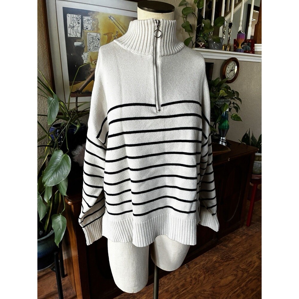Zara Polo Sweater Womens Large White Oversized Striped Ribbed Knit Warm Cozy